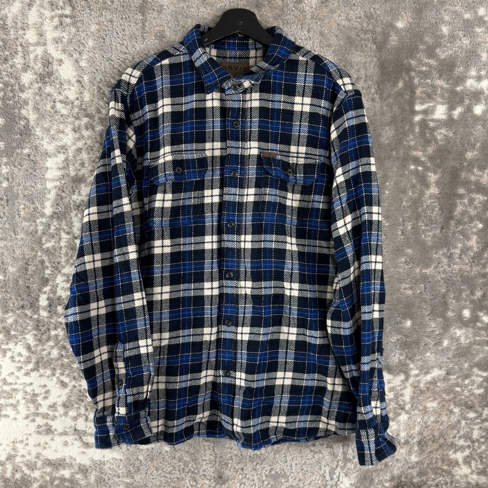 Orvis Size XL Flannel Plaid Casual Button Shirt Blue Long Sleeve Collar Pocket